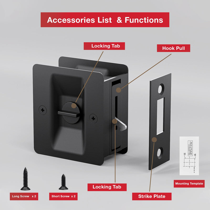 Matte Black Pocket Door Lock, 3-Pack Privacy Pocket Door Hardware, Pocket Door Handles, Pocket Door Lock Latch with Pull, 2-3/4’’x2-1/2’’, for 1.38’’-1.77’’ Thickness Door