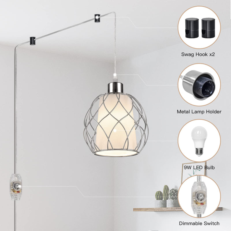 Plug in Pendant Light,Hanging Light with Plug in Cord,Silver Hanging Lamp with Dimmable Switch,15 ft Clear Cord,Hanging Light Fixture for Kitchen Island Living Room Bedroom (Bulb Included) Silver
