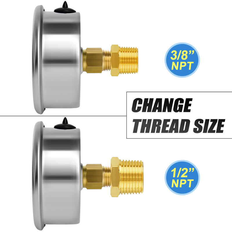 MEANLIN MEASURE 0-160Psi Stainless Steel Thermal Pressure Gauge 30-250℉ 1/4" NPT 2.5" FACE DIAL Liquid Filled Pressure Gauge, with 1/4" x 1/2" NPT and 1/4" x 3/8" NPT Hex Bushing,Back Mount Back Mount