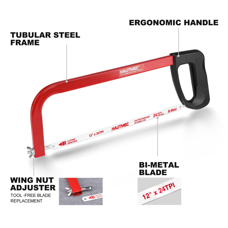 HAUTMEC 12 inch Hand Saw High Tension Hacksaw Frame with 24 TPI Bi-Metal Blade, Hack Saw For Metal, Wood, Steel Pipe, PVC Cutting, HT0398 12" Junior Hacksaw