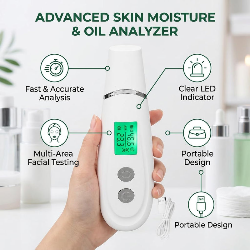 Portable Skin Moisture & Oil Analyzer, Digital Skin Detector Tester with LED Display, Facial Hydration Sebum Scanner for Beauty Salon Spa Home Use, White