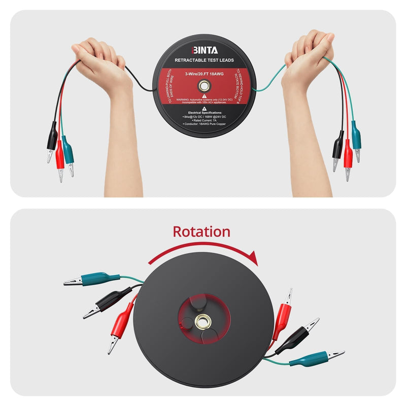 BINTA 3 Wire 20 Ft Retractable Test Leads, Red/Black/Blue Alligator Clip Test Leads, 18 AWG Gauge Wire for Electrical Testing, Cars, Trailers