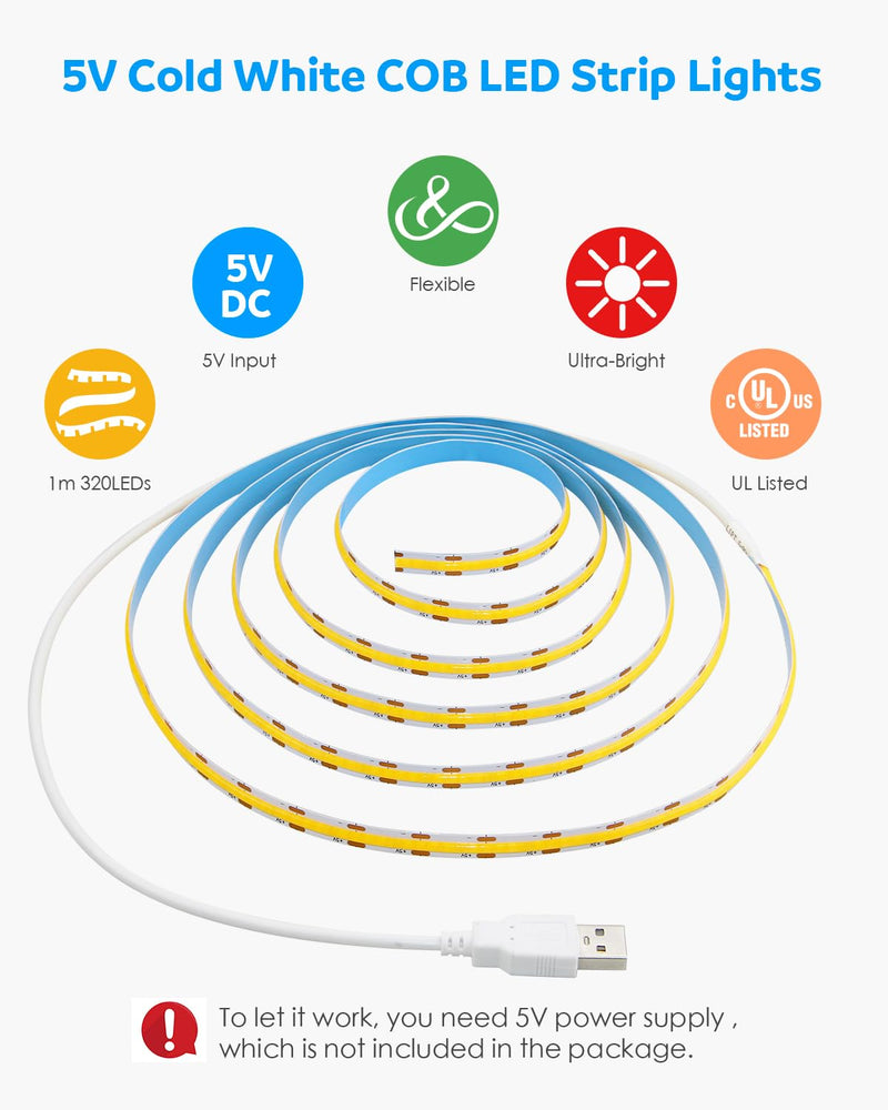 Aclorol USB Led Light Strip COB Led Strip Lights 5V Daylight Cold White 6000K 3.28FT 320Leds Flexible TV Led Lights USB Powered 1M for Under Cabinet Kitchen Living Room Shelving or Displays 1M/3.28FT