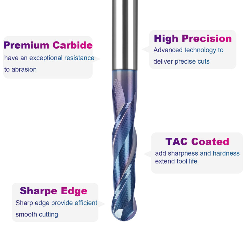 SpeTool Ball Nose CNC Spiral Router Bits, Double Flutes Carbide End Mill 1/4 Inch Shank with TAC Coating, 3 inch Over Length 1/4" Dia -1-1/8" CL - 1/4" Shank