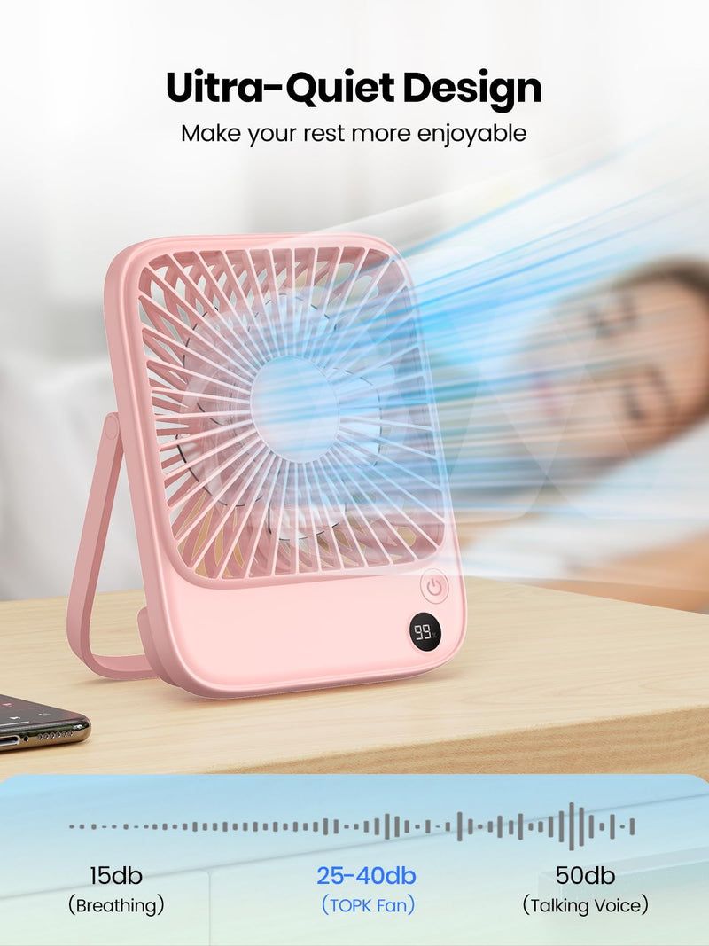 TOPK 2 Pack 5000mAh Portable Desk Fan, Ultra-Thin Rechargeable Battery Operated Fan with Digital Display, Quiet 4-Speed Small Personal Travel Fans for Office, Bedroom, Cruise, Outdoor Black & Pink