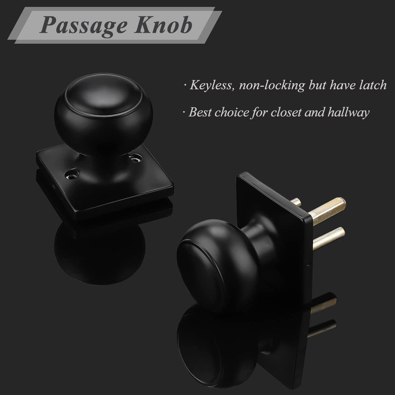 Probrico Black Passage Door Knobs Round Handles for Hall or Closet Keyless Non-Locking Interior Knobs with Square Rosette, 3 Pack