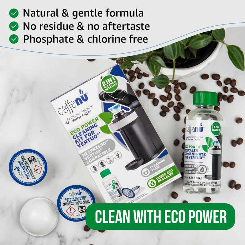 Caffenu Descaling Kit Compatible with Nespresso Vertuo, 2 Uses Descaling Solution and 6 Cleaner Pods. Removes Limescale & Cleans Pod Area. Better Tasting & Hotter Coffee. 4 Months Supply.