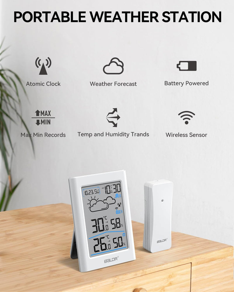 BALDR Indoor Outdoor Thermometer Wireless with Atomic Clock, Battery Powered Weather Station Indoor Outdoor with WWVB, Portable Outside Temperature Monitor for Home, Patio