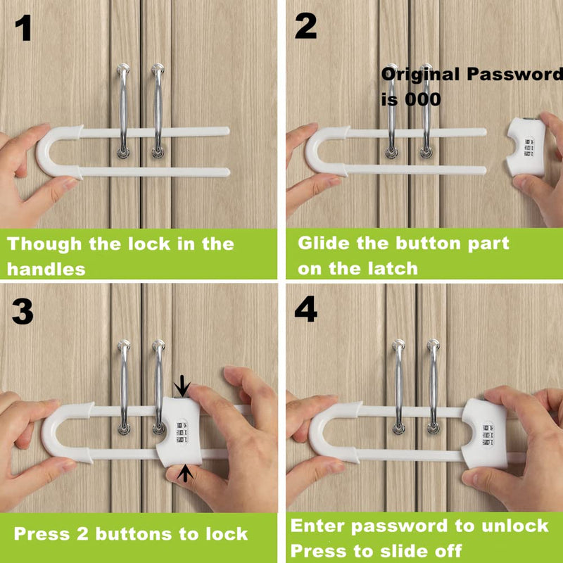 4 Pack Child Proof Sliding Cabinet Door Code Locks Baby Safety Cupboard Locks Adjustable U Shaped Cabinet Latches for Knob Handle Drawers Closet Plastic (4 PCS, White) 4 PCS