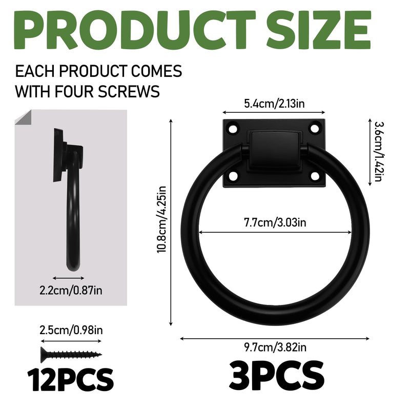 3 Pack Black Sliding Barn Door Ring Pull with Screws, Zinc Alloy Door Pull Handle, Outdoor Ring Gate Handle Hardware for Garage Farmhouse Hallway Fence Cabinet Drawers (Black)