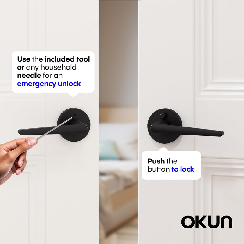 Okun Halo 1-Pack Matte Black Privacy Door Levers – Push Button Lock, Reversible, Sleek Concealed-Mount Design for Bedroom & Bathroom 1 Pack