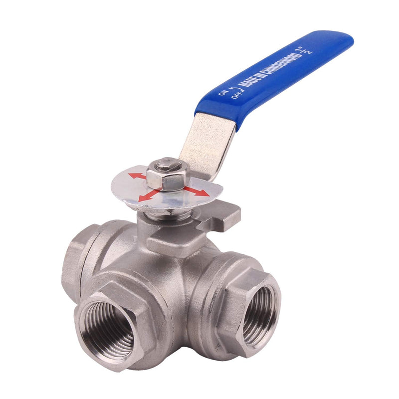 DERNORD 3-Way Ball Valve, T Mounting Pad, Stainless Steel 304 Female Type with Vinyl Locking Handle (1/2 Inch NPT) 1/2 Inch NPT