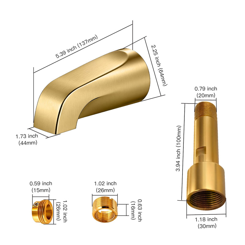 Brushed Gold Bathtub Spout Without Diverter, All Metal,5.3 Inch Tub Spout, Fits 1/2" Copper Slip-On and 1/2" or 3/4" IPS Threaded Pipes, Leak-Free, Slip Fit Tub Spout Without Diverter Brushed Gold
