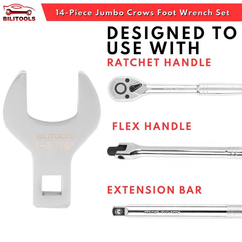BILITOOLS 14-Piece Jumbo Crows Foot Wrench Set, 1/2" Drive Big Crowfoot Wrench, SAE, 1-1/16" - 2" mm, CR-V Steel Sae, 1-1/16" - 2"
