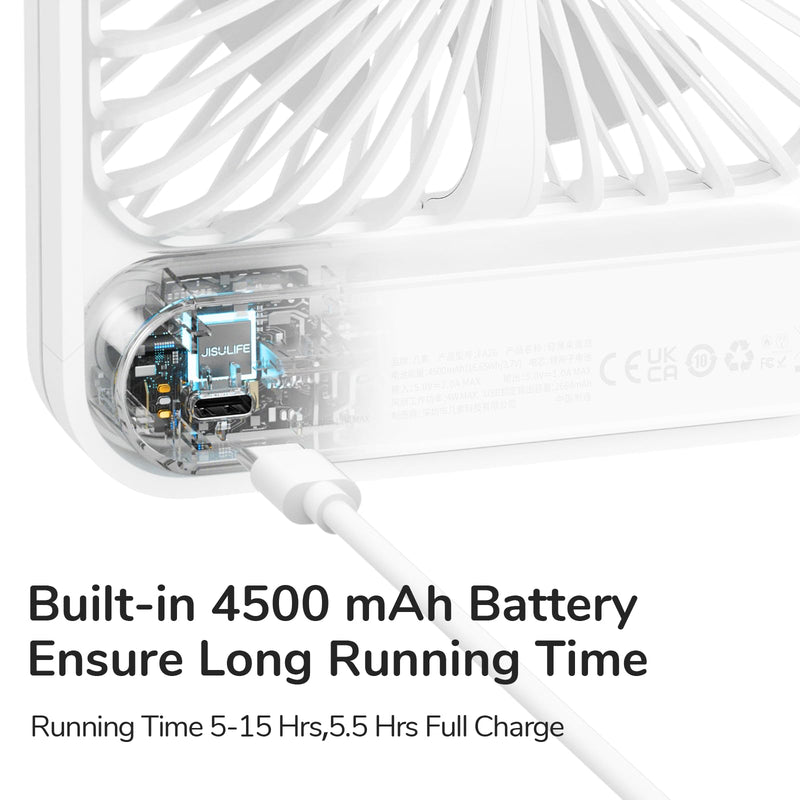 JISULIFE Desk Fan Battery Rechargeable, 4500mAh 180°Foldable Portable Personal Fan, 4 Speeds Adjustable Long Battery-life for Home Office Travel Outdoor Gifts for Women Men-White White