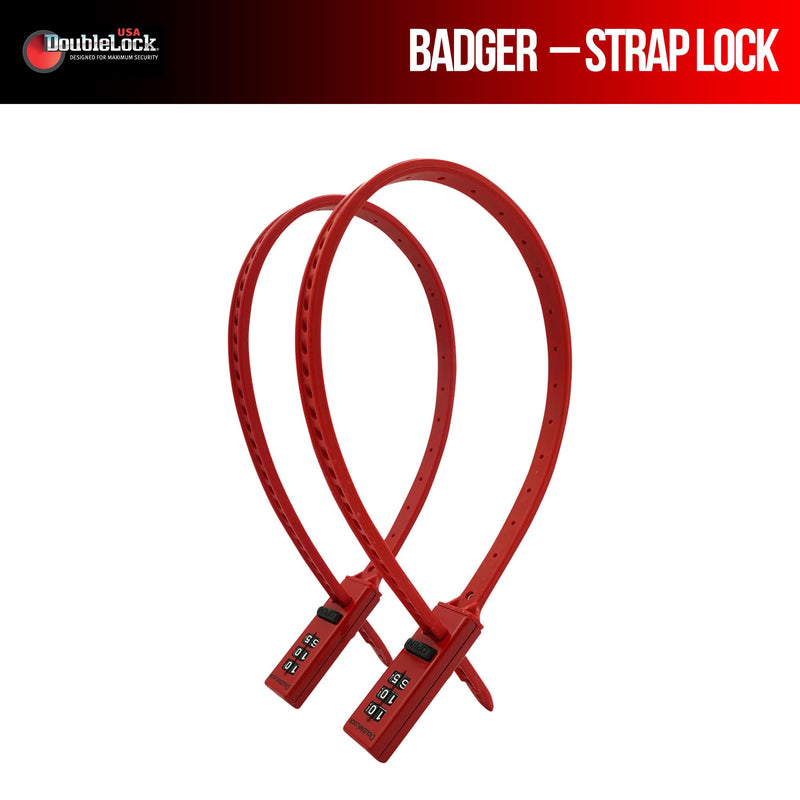 DoubleLock Badger Strap Lock 2 Pack, 19 Inch Strong and Pliable Combination Strap Locks, Resettable Zip Style Security for Helmets, Backpacks, Coolers, Skis, Strollers and Cabinets