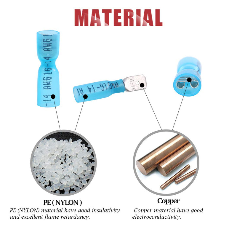 Hilitchi 100Pcs Nylon Heat Shrink Fully Insulated Female Male Spade Wire Electrical Crimp Terminal Quick Wiring Connector (50 Male 50 Female Connectors Blue / 16-14AWG)