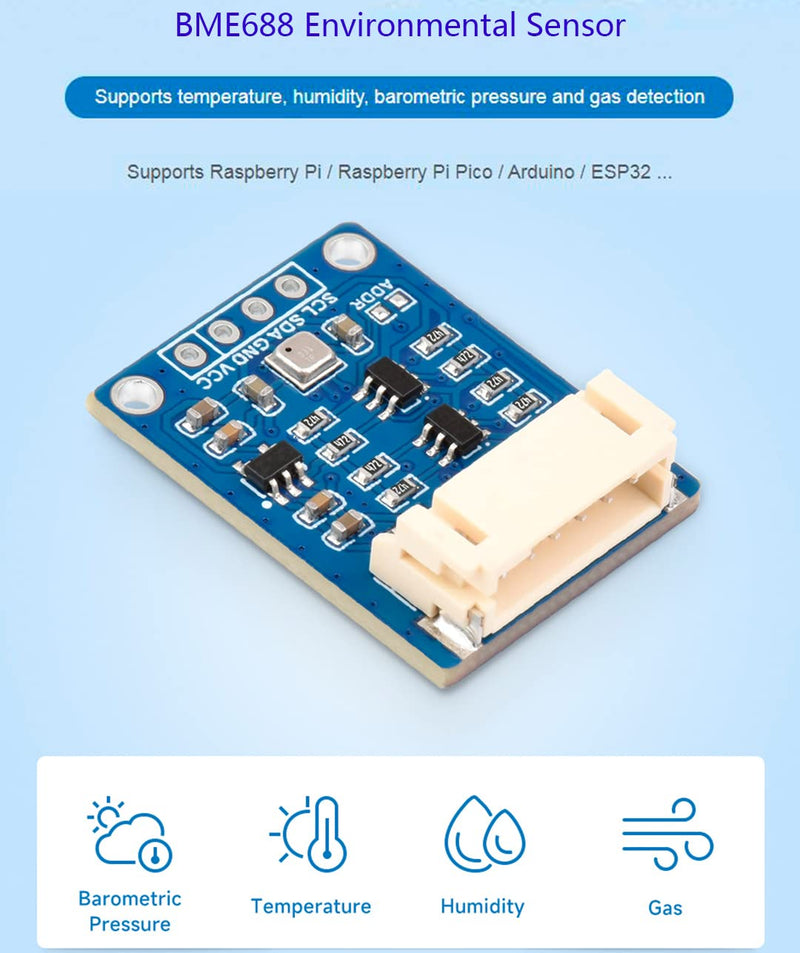 BME688 Environmental Sensor with AI Function, Supports Temperature/Humidity/Barometric Pressure/Gas Detection, I2C and SPI, Support Raspberry Pi/Raspberry Pi Pico/Arduino / ESP32,etc. BME688 with AI function