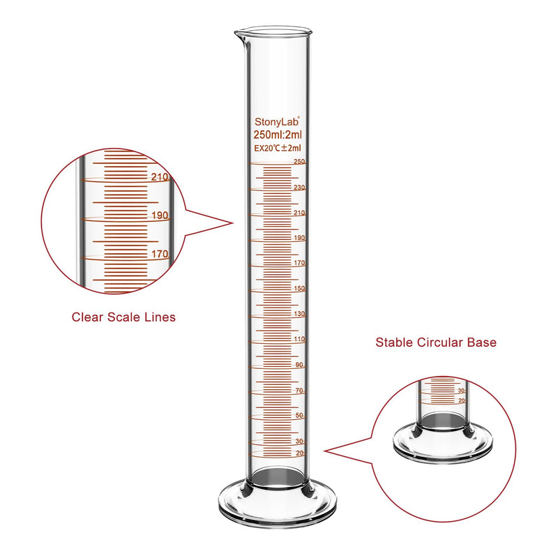 stonylab Graduated Measuring Cylinder, 3 Pack 250 ml Heavy Wall Borosilicate Glass Graduated Cylinder Laboratory Glassware