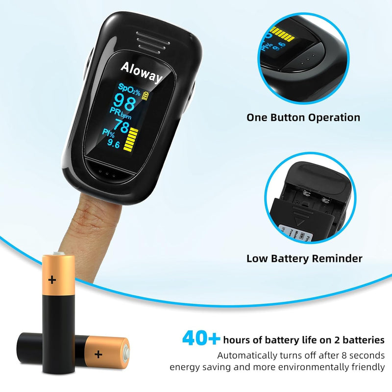Pulse Oximeter, OLED Display Oxygen Monitor Fingertip with Case, Blood Oxygen Saturation Monitor (SpO2) with Alarm, Batteries & Lanyard (Black) Black