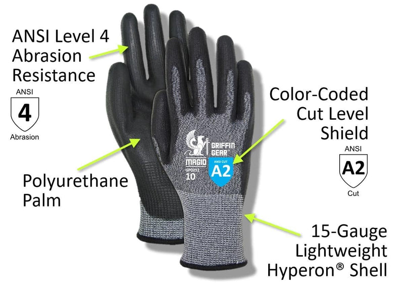 MAGID Griffin Gear ANSI A2 Polyurethane Coated Work Gloves, 12 Pairs, Size 11/2XL (GPD252) 11/XXL 12 Pair
