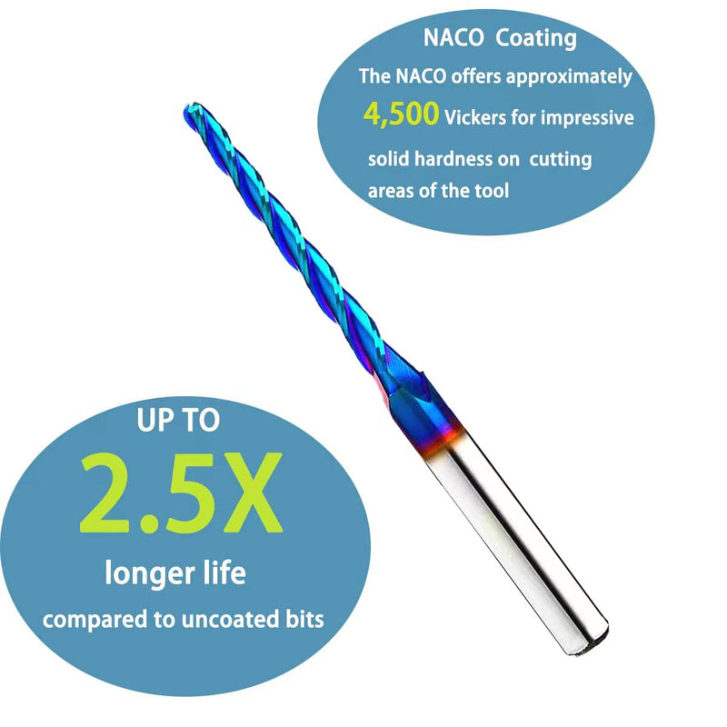 BRB301 Milling Cutters 3 Flutes Ball Nose Solid Carbide Up Cut CNC Spiral Bits NACO Coated 2D 3D Carving Router Bit 1.0Deg with 1/8 Inch Cutting Dia, 1/8" CD X 1-1/2"CL X 1/4" SD X 3" OL 1/8 inch cutting diameter