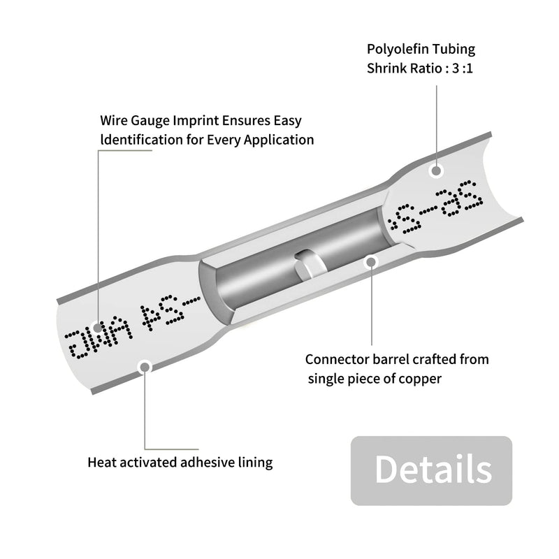 26-24 AWG Heat Shrink Butt Connectors - 100Pcs White Insulated Waterproof Electrical Marine Automotive Wire Splice Connector Crimp Wiring Terminals AWG 26-24