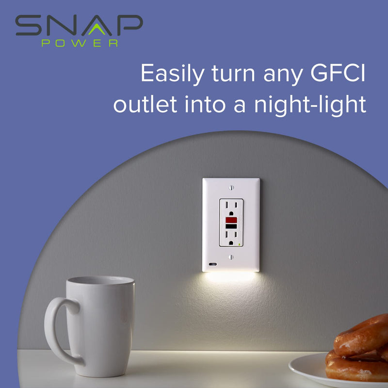 Single - SnapPower GuideLight 2 [for GFCI Outlets] - Replaces Plug-in Night Light - Electrical Receptacle Wall Plate with LED Night Lights - Auto On/Off Sensor - (GFCI, White)
