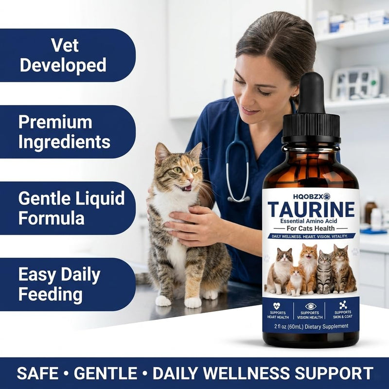 Taurine Supplement for Cats Liquid Drops – Daily Heart & Vision Wellness Support for Indoor Cats, Senior Cats & Picky Eaters – Easy-to-Mix Taurine Formula – 60 mL