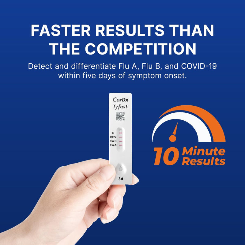 CorDx Tyfast at-Home Flu A/B and COVID-19 Rapid Test Kit, Easy, Accurate, Fast Results in 10 Minutes, 4 Tests.