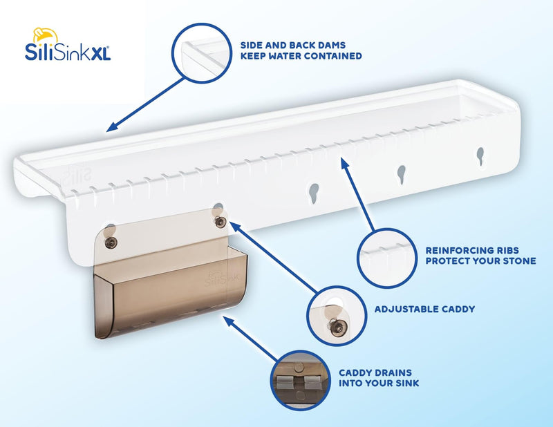 SiliSink XL Silicone Sink Edge Guard for Kitchen Sink - Fits 3.75” - 4” Wide - The Original Silicone Sink Edge Protector with Sponge Caddy - Splash Guard, 20” Clear Diamond 4in x 20in
