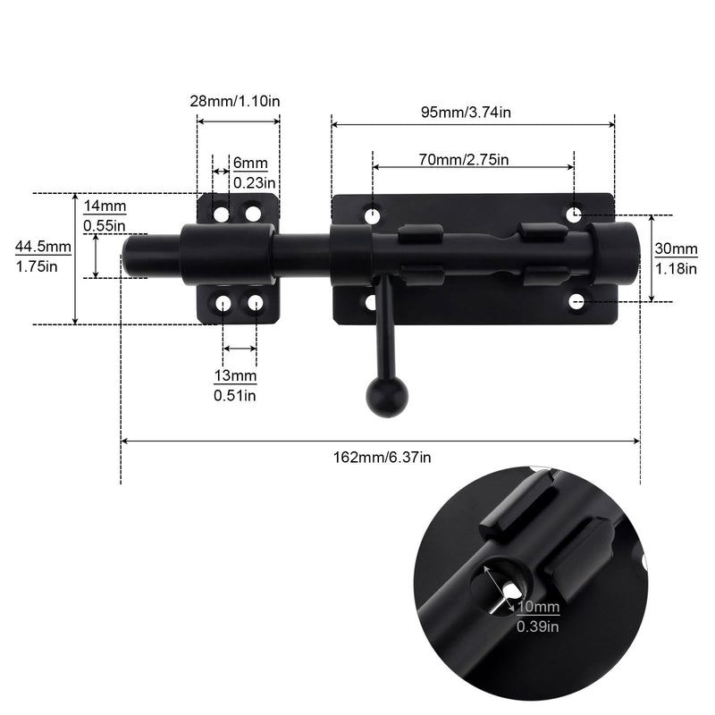 Sliding Bolt Gate Latch, 2Pcs 6.3 Inch 304 Stainless Steel Barrel Bolt Latch with 10 mm Padlock Hole, 14 mm Bolt Heavy Duty Black Door Latch Lock 6 Inch
