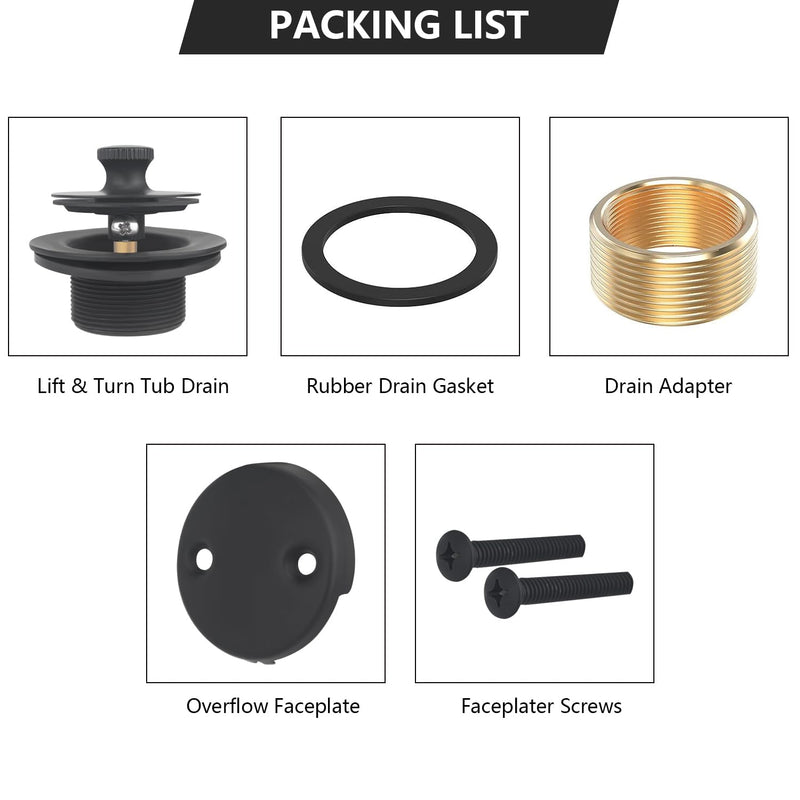 Matte Black Bathtub Drain Kit Assembly with Hair Catcher, Tub Drain Kit with 2-Hole Overflow Faceplate Conversion Kit, Premium Brass Lift and Turn Twist Tub Drains Replacement Trim Kit,Tub Stopper Matte Black