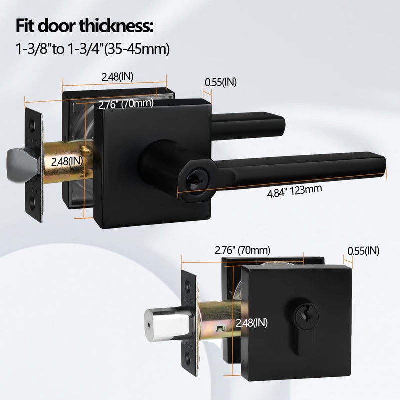 NEWBANG Square Heavy Duty Keyed Entry Combo with deadbolt and Lever Door Handle in Matte Black (for Entrance/Exterior/Front/Office Door) Left or Right Handed 1 Pack