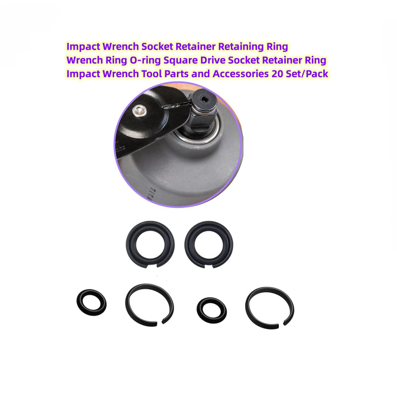 3/8" Impact Retaining Ring Clip Impact Friction Ring with O-Ring fits Type Impact Wrenchs, Square Drive Socket Retainer Ring（20 Sets/Pack）