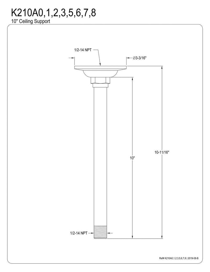 Kingston K210A0 10" Rain Drop Ceiling Mount Shower Arm, Matte Black