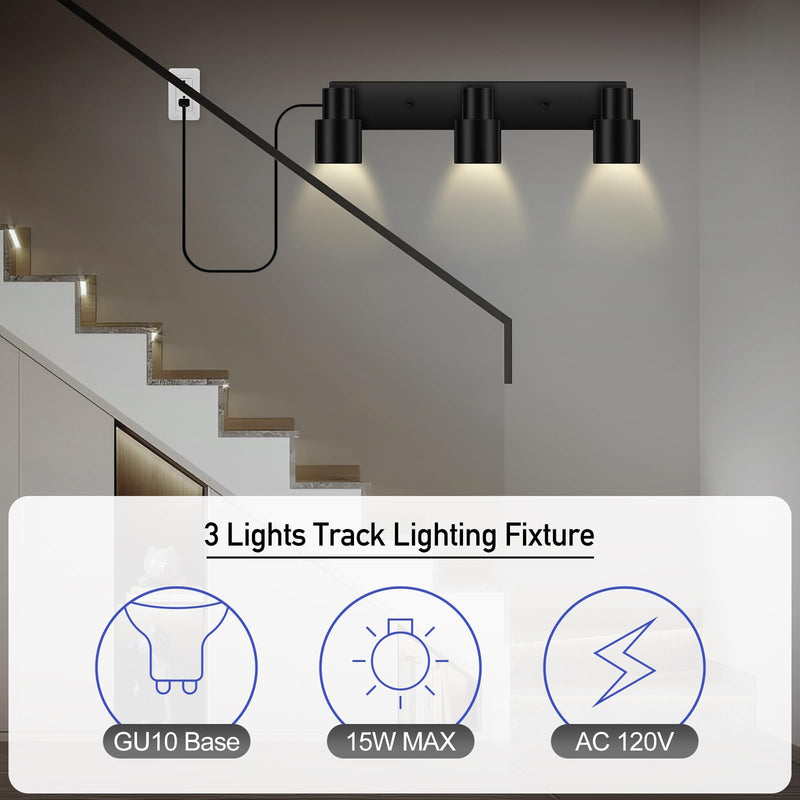 Plug-in Track Lighting LED, Track Light Fixtures Ceiling, Black 3-Light Track Lights for Kitchen, 3 Way Ceiling Spotlight, Rotatable Wall Mount Light Head for Bedroom Hallway, Bulb Not Included 3-Light Track Lighting(Black)
