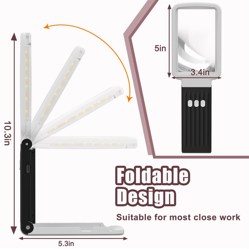 15X Magnifying Glass with Light and Stand, Real Glass Lens, Rechargeable Foldable Handheld Magnifier, 3 Color Modes Dimmable Lighted Page Magnifier for Reading Fine Prints, Low Vision Seniors White Black 15X
