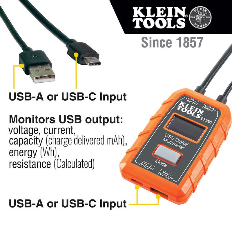 Klein Tools ET920 USB Power Meter, USB-A and USB-C Digital Meter for Voltage, Current, Capacity, Energy and Resistance Electric Circuit Testing Device