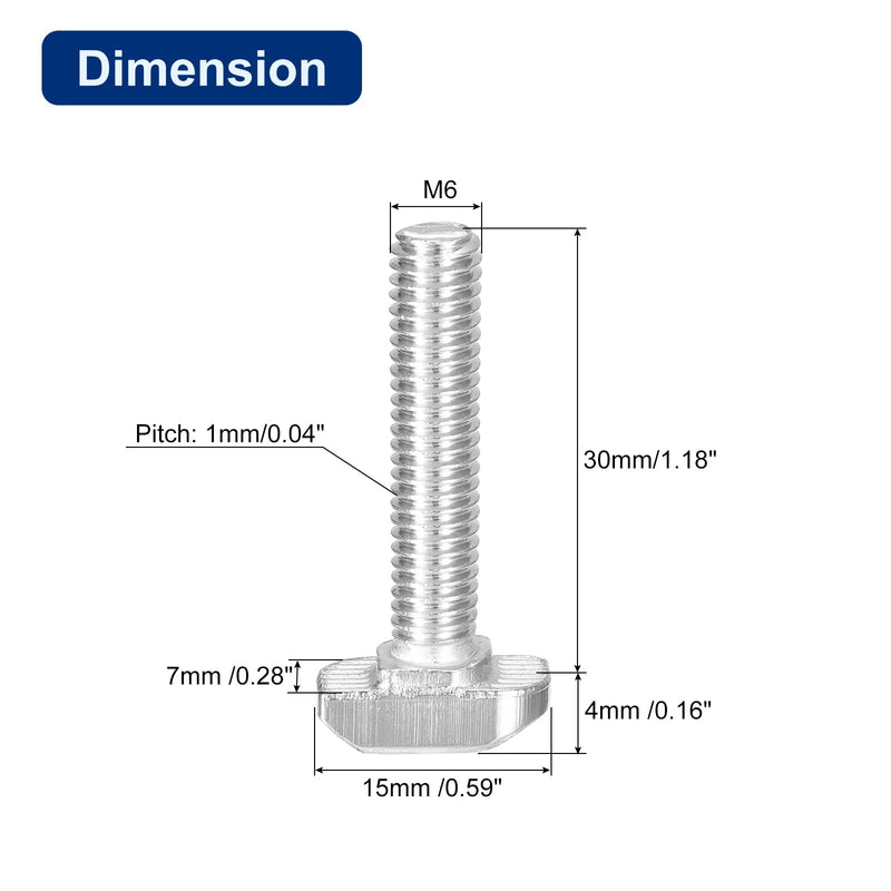 uxcell M6x30mm T Slot Drop-in Bolt, 20Pcs Carbon Steel Nickel Plated Hammer Head T-Bolt T Shape Stud Sliding Screw for 30 Series Aluminum Profile 20