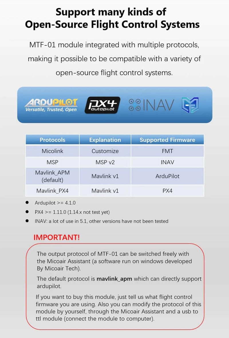 MicoAir OPTICAL FLOW & LIDAR SENSOR MTF-01 Compatible with Ardupilot/PX4/INAV (INAV)