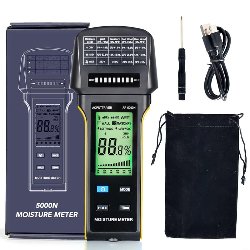 Pinless Moisture Meter for Walls & Wood, Non-Invasive Moisture Detector with 20mm Deep Scan, Tri-Color LCD & Audible Alarm, Water Damage Detection for Home Inspections, Renovation, Built-in Flashlight AP-5000N