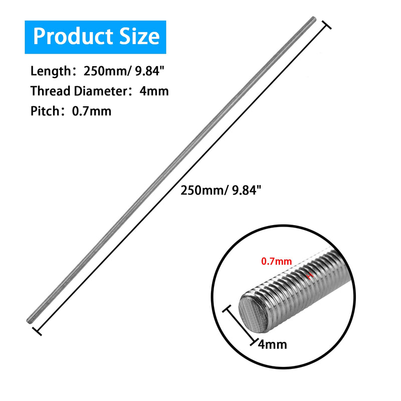 4pcs M4 x 250mm Fully Threaded Rod, M4-0.7mm Thread Pitch,304 Stainless Steel Long Threaded Screw, Right Hand Threads (M4 x 250mm)