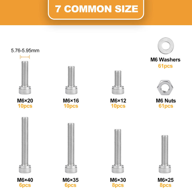 VIGRUE 180Pcs M6 Stainless Bolt Kit, M6x12/16/20/25/30/35/40mm Hex Socket Head Cap Screws Nuts Washers Assortment, Full UNC Thread M6 socket cap