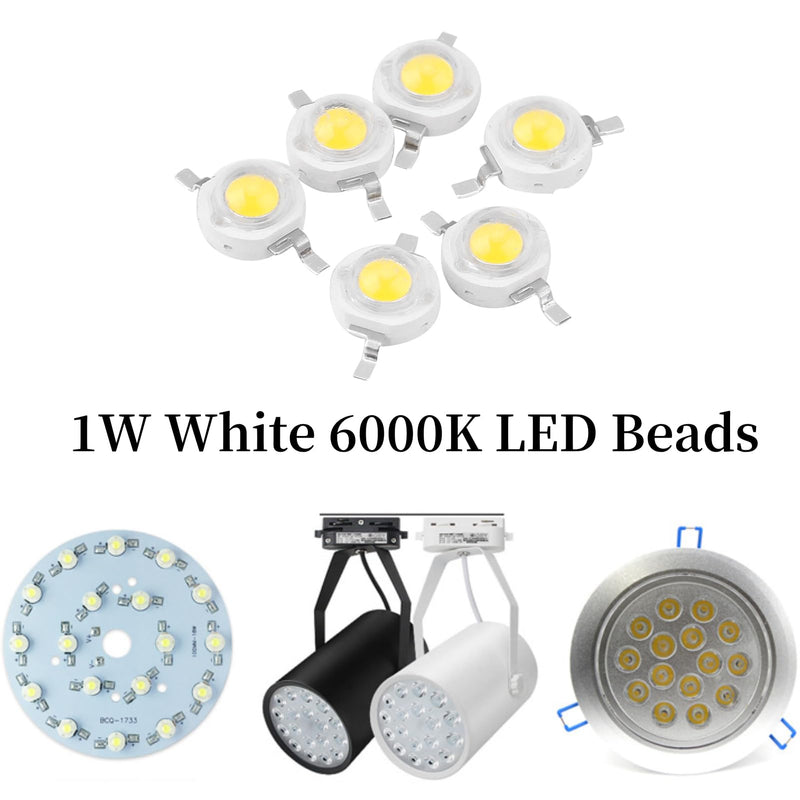 100Pcs High Power 1W LED Beads Light Emitter Components Diode Super Bright SMD for DIY Lighting Fixtures 3000K/6000K(White 6000K) White 6000K