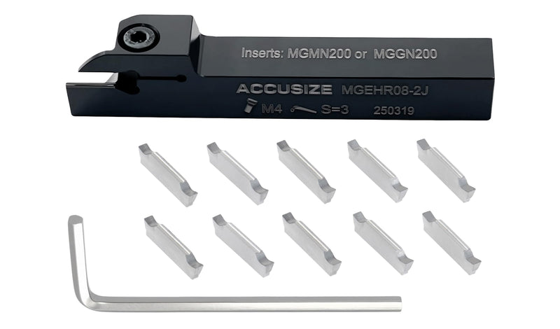 Accusize Industrial Tools 1/2" x 1/2'' Cut-Off Holder, Parting Tool, Mgehr08-2 of 2387-2004 with 10 Carbide Inserts for Cutting Aluminum | For Aluminum, MGGN200-LH Inserts Included, 1 Indexable Holder Plus 10 Carbide Inserts, 2387-0004INSA