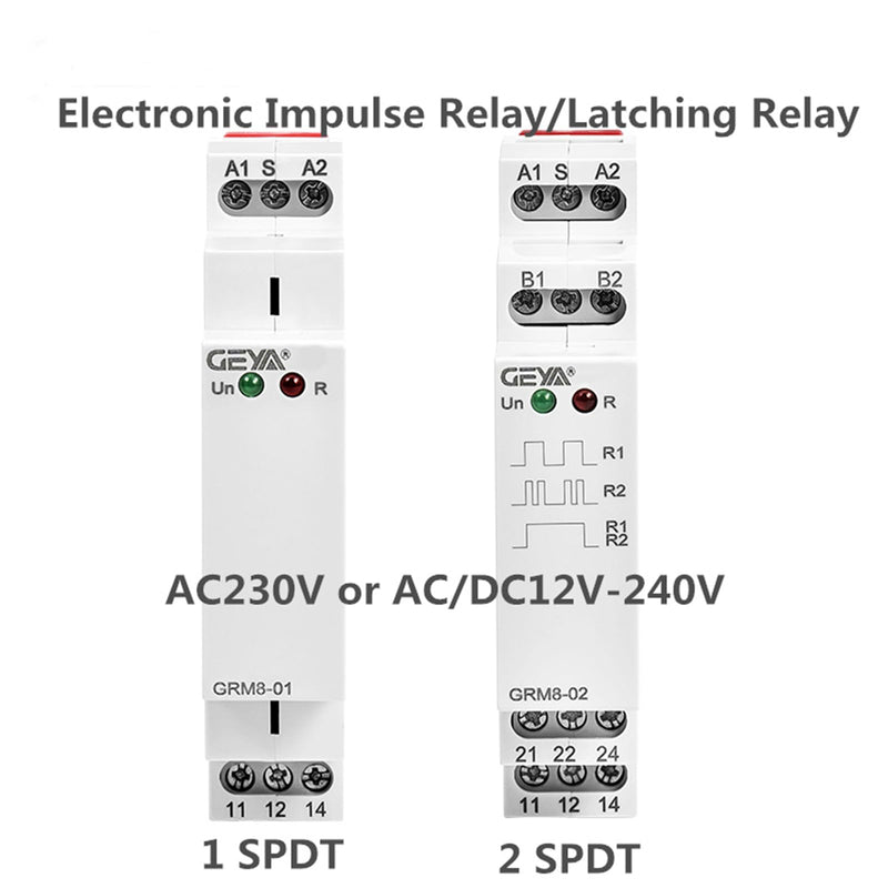 GEYA Electronic Latching Relay Memor Impulse Relay SPDT 16A Wide Range Voltage Din Rail Mounted(GRM8-02,AC/DC12V~240V) AC/DC12V~240V GRM8-01