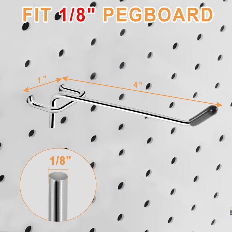 Pegboard Hooks, 25 Pack 4 inch Peg Board Hooks for Hanging, Quality Peg Board Hooks Fit 1/8" Metal Pegboards, Peg Board Hooks for Garage, Shop, Office, Crafts Organisation, Kitchen (Silver)