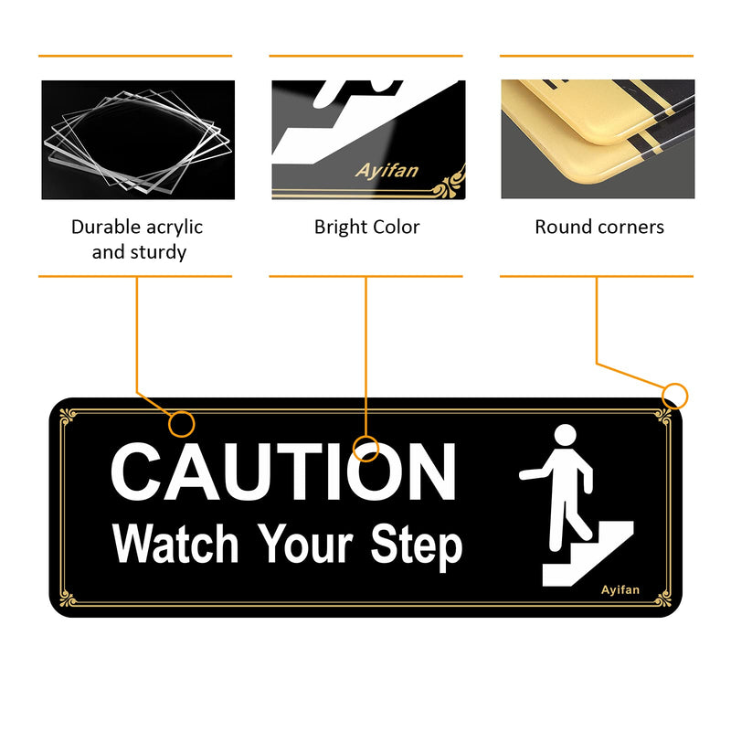 4 Pack Caution Watch Your Step Sign for floor, Acrylic with Symbols Self-adhesive for Home and Business Restaurants Offices 9"x3" Black Gold Easy to Mount Outdoor or Indoor Use Black Caution Watch Your Step black+white+gold