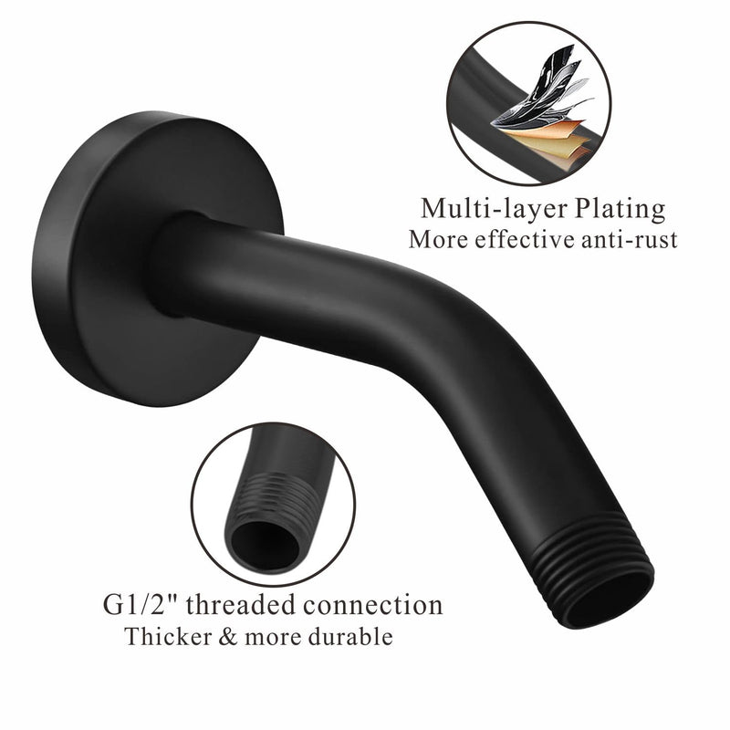 Voolan Shower Arm with Flange and Teflon Tape, Extension Shower Head Arm for Bathroom Fixed Shower Head, Solid Stainless Steel, Wall Mounted (6 Inch,Black) Black 6 Inch